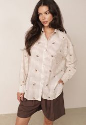 Beżowa Koszula na Lato z Bawełny o Kroju Oversize w Paski i Haftowany Wzór Deinaris. Brązowe bluzki damskie Born2be, na lato, bez wzorów, z bawełny, eleganckie, bez kołnierzyka, bez ramiączek. Za 119.99 zł.