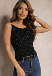Czarny Top Ozdobiony Cyrkoniami na Metalicznych Ramiączkach Qutella. Czarne bluzki damskie Renee, s, bez wzorów, eleganckie, bez kołnierzyka, bez ramiączek. Za 34.99 zł.