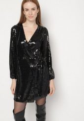 Czarna Cekinowa Sukienka o Kopertowym Kroju z Wiązaniem w Talii Eprelle. Czarne sukienki damskie Born2be, na imprezę, l, z aplikacjami, eleganckie, bez kołnierzyka, bez ramiączek, mini, kopertowe. Za 189.99 zł.