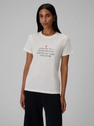4F T-shirt regular z nadrukiem damski - kremowy XXL. Białe t-shirty damskie 4f, m, bez wzorów, z bawełny, klasyczne, bez kołnierzyka. Za 69.99 zł.