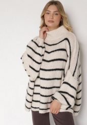 Beżowy Golf Oversize w Paski z Domieszką Wełny i Wiskozy Nexeia. Brązowe swetry damskie Born2be, bez wzorów, z jeansu, eleganckie, bez kołnierzyka, bez ramiączek, bez kaptura. Za 159.99 zł.