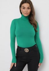 Zielony Sweter Golf o Dopasowanym Fasonie Bewina. Zielone swetry damskie Born2be, m, z aplikacjami, z dzianiny, bez kołnierzyka, bez ramiączek, długie, bez kaptura. Za 49.99 zł.