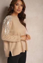 Beżowy Sweter z Wiskozą i Modalem Ozdobiony Cekinami i Perłami Iveara. Brązowe swetry damskie Renee, na zimę, bez wzorów, z wiskozy, casualowe, bez kołnierzyka, bez ramiączek, bez kaptura. Za 99.99 zł.