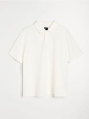 Żakardowa koszulka polo z krótkim rękawe - kremowy. Białe koszulki polo męskie Sinsay, l, bez wzorów, z żakardem, sportowe, bez ramiączek. Za 39.99 zł.