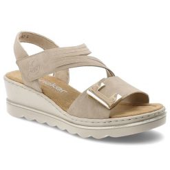 Sandały damskie Rieker, cholewka ze skóry ekologicznej zapinane na rzep fason na koturnie, beżowe, 67410-62. Brązowe klapki damskie Rieker, bez wzorów, ze skóry ekologicznej, bez obcasa, na koturnie. Za 319.00 zł.