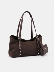 Torba shopper z imitacji zamszu z portfelem - brązowy. Brązowe torebki shopper damskie Sinsay, bez wzorów, bez dodatków. Za 49.99 zł.