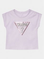 Guess T-Shirt K4GI11 K6YW4 Fioletowy Regular Fit. Fioletowe t-shirty i topy dla dziewczynek Guess, z aplikacjami, z bawełny, bez ramiączek. Za 109.99 zł.