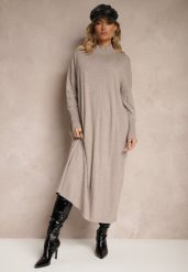 Beżowa Pudełkowa Sukienka Sweterkowa z Wiskozą i Golfem Rinnine. Brązowe sukienki damskie Renee, na co dzień, bez wzorów, z wiskozy, eleganckie, bez kołnierzyka, bez ramiączek, maxi. Za 99.99 zł.