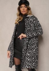 Czarno-Biały Niezapinany Kardigan z Kieszeniami w Panterkowy Print Riaverna. Czarne kardigany damskie Renee, bez wzorów, eleganckie, bez kołnierzyka, bez ramiączek, bez kaptura. Za 109.99 zł.