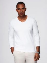 Męski longsleeve V-neck SLIM FIT z elastanem i printem – biały V2 - Rozmiar: S. Białe bluzki z długim rękawem męskie Ombre Clothing, m, bez wzorów, z bawełny, klasyczne, bez kołnierzyka. W wyprzedaży za 89.99 zł.