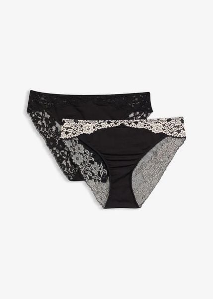 Figi z dwukolorową koronką (2 sztuki). Czarne figi damskie bonprix, bez wzorów, z koronki. Za 22.99 zł.