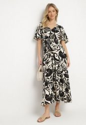Czarna Rozkloszowana Sukienka z Wiskozy w Roślinny Wzór Ridiata. Czarne sukienki damskie Born2be, na co dzień, l, bez wzorów, z wiskozy, eleganckie, bez kołnierzyka, bez ramiączek, maxi, proste. Za 64.99 zł.