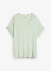 Shirt z lejącego materiału z wiskozą. Czarne bluzki damskie bonprix, bez wzorów, z wiskozy, bez kołnierzyka, bez ramiączek. Za 42.99 zł.