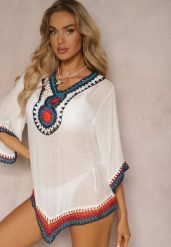 Biała Bluzka Narzutka w Stylu Boho z Rękawem 3/4 Dimiara. Białe bluzki damskie Renee, bez wzorów, z jeansu, boho, bez kołnierzyka, bez ramiączek. Za 39.99 zł.