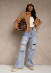 Niebieskie Jeansy High Waist Wide Leg z Ozdobnymi Przetarciami i Dziurami Elintyse. Niebieskie jeansy damskie Renee, z podwyższonym stanem. Za 119.99 zł.