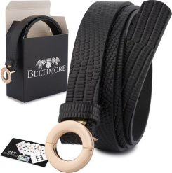 Beltimore Skórzany pasek damski do spodni sukienki czarna skóra nat 1,8 cm Beltimore O14 : Kolory - czarny, Rozmiar pasków - r.80-95 cm NoSize. Czarne sukienki damskie Beltimore, bez wzorów, ze skóry, bez kołnierzyka, bez ramiączek. Za 49.99 zł.