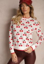 Biały Casualowy Sweter z Wiskozą Ozdobiony Printem w Wisienki Avattria. Białe swetry damskie Renee, bez wzorów, z jeansu, casualowe, bez kołnierzyka, bez ramiączek, długie, bez kaptura. Za 119.99 zł.