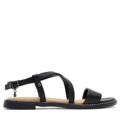 Sandały Lasocki. Czarne sandały damskie Lasocki, bez wzorów, bez obcasa, na płaskiej podeszwie, bez zapięcia. Za 83.99 zł.