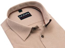 Ciemnobeżowa koszula męska Modini z krótkim rękawem - "kawa z mlekiem" DK18. Koszule męskie Modini Moda Męska, m, bez wzorów, z bawełny, casualowe, bez kołnierzyka, bez ramiączek. W wyprzedaży za 148.50 zł.