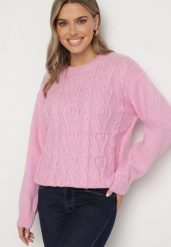 Różowy Sweter z Wełną Ściągaczem i Tłoczeniem Riavonnae. Czerwone swetry damskie Born2be, bez wzorów, z jeansu, eleganckie, bez kołnierzyka, bez ramiączek, bez kaptura. Za 79.99 zł.