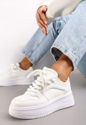 Białe Sneakersy z Cholewką z Licznymi Wstawkami na Grubej Podeszwie Lenarise. Białe obuwie sportowe damskie Renee, bez wzorów, z dresówki. Za 89.99 zł.