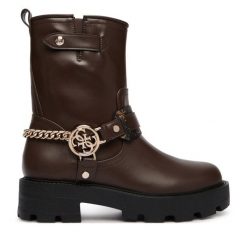 Botki Guess. Brązowe botki damskie Guess, bez obcasa, na płaskiej podeszwie, bez zapięcia. Za 674.99 zł.