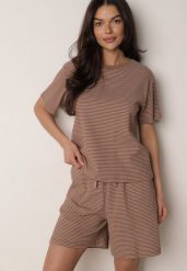 Brązowe Bawełniane Szorty Dresowe w Drobne Paseczki Wiązane na Sznurki Loregune. Brązowe szorty damskie Born2be, l, bez wzorów, z bawełny, eleganckie. Za 59.99 zł.