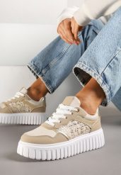 Beżowe Sneakersy na Platformie z Tłoczeniem Ozdobione Panterką i Perforacją Udivaya. Brązowe obuwie sportowe damskie Renee, bez wzorów, z jeansu. Za 79.99 zł.