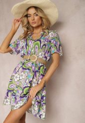Fioletowa Bawełniana Sukienka Koszulowa w Malowniczy Kwiecisty Print Ankeldia. Fioletowe sukienki dla dziewczynek Renee, bez wzorów, z bawełny, boho, bez ramiączek, krótkie. Za 29.99 zł.