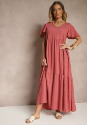 Ciemnoróżowa Wiskozowa Sukienka Rozkloszowana Natonia. Czerwone sukienki damskie Renee, na co dzień, m, bez wzorów, z materiału, bez kołnierzyka, bez ramiączek, maxi, rozkloszowane. Za 39.99 zł.