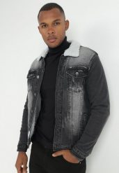 Czarna Kurtka Jeansowa z Kożuszkowym Kołnierzem Rovi. Czarne kurtki męskie Born2be, l, bez wzorów, z jeansu, eleganckie, bez kaptura. Za 99.99 zł.