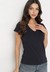 Granatowy T-shirt z Bawełny z Dekoltem w Serek Liniviela. Niebieskie bluzki damskie Born2be, l, bez wzorów, z bawełny, bez kołnierzyka. Za 39.99 zł.