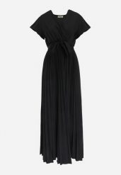 Czarna Elegancka Sukienka Maxi w Plisy z Kopertowym Dekoltem i Wiązaniem Thessi. Czarne sukienki damskie Born2be, na lato, m, bez wzorów, eleganckie, bez kołnierzyka, bez ramiączek, maxi, kopertowe. Za 69.99 zł.