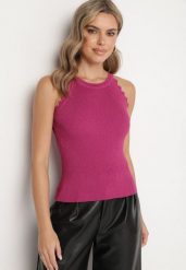 Fuksjowy Prążkowany Top z Wiskozą i Geometrycznymi Wstawkami Vortirya. Czerwone bluzki damskie Born2be, m, bez wzorów, z jeansu, eleganckie, bez kołnierzyka, bez ramiączek. Za 59.99 zł.