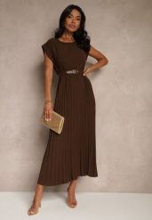 Brązowa Sukienka Ozdobiona Plisami Mavellea. Brązowe sukienki damskie Renee, na co dzień, bez wzorów, eleganckie, bez kołnierzyka, bez ramiączek, maxi, proste. Za 59.99 zł.