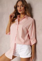 Jasnoróżowa Gładka Koszula z Kołnierzem i Długimi Rękawami Mileena. Czerwone bluzki damskie Renee, l, bez wzorów, z bawełny, eleganckie, bez kołnierzyka, plus size, bez ramiączek. Za 69.99 zł.