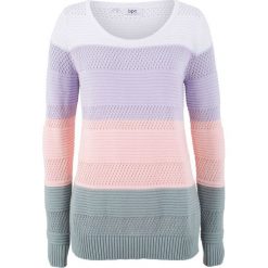 Sweter bonprix fiołkowy bez w paski. Białe swetry damskie bonprix, bez wzorów, bez kołnierzyka, bez ramiączek, bez kaptura. Za 49.99 zł.