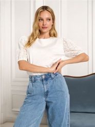 Koszulka bawełniana - kremowy. Białe t-shirty damskie Sinsay, l, w ażurowe wzory, z bawełny, bez kołnierzyka. Za 25.99 zł.