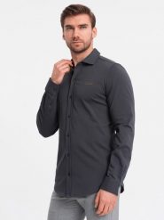Męska bawełniana koszula REGULAR z dzianiny single jersey - grafitowa V6 - Rozmiar: S. Szare koszule męskie Ombre Clothing, m, bez wzorów, z bawełny, bez kołnierzyka, bez ramiączek. W wyprzedaży za 79.99 zł.