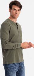 Ombre Zapinany pod szyją męski longsleeve z dzianiny waflowej oliwkowy V1 OM-LSCL-0120 XXL. Zielone bluzki z długim rękawem męskie Ombre, m, bez wzorów, z dzianiny, bez kołnierzyka. Za 129.99 zł.