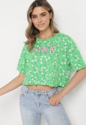 Zielony Bawełniany T-shirt Oversize w Kwiatowy Print o Krótkim Fasonie Daelinn. Zielone bluzki damskie Born2be, l, bez wzorów, z bawełny, bez kołnierzyka. Za 29.99 zł.
