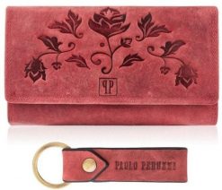 Zestaw prezentowy dla kobiet ZUP-95-RD portfel damski skórzany T-05-RD breloczek vintage T-87-HRD. Portfele damskie Paolo Peruzzi, bez wzorów. Za 168.93 zł.
