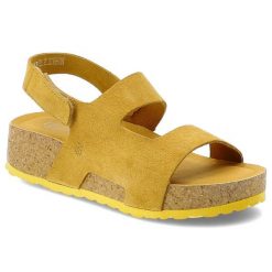 Sandały damskie Yokono, cholewka ze skóry naturalnej zamszowej szerokie paski płaska podeszwa casualowy styl, żółte, Lanka-261 Ser. Żółte paski damskie Yokono, bez wzorów, ze skóry. Za 239.00 zł.