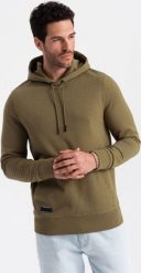 Ombre Bawełniana bluza męska dresowa kangurka z kapturem BASIC oliwkowa V2 OM-SSBN-0161 S. Zielone bluzy męskie Ombre, m, bez wzorów, z bawełny, z kapturem. Za 169.99 zł.