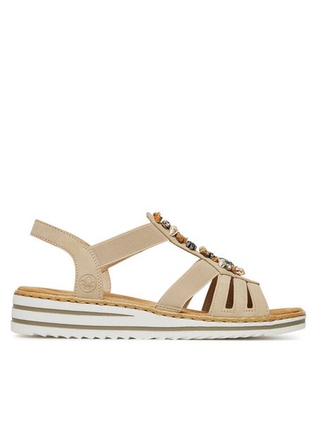 Rieker Sandały V0649-62 Beżowy. Brązowe klapki damskie Rieker, bez wzorów, z syntetyku, bez obcasa, na płaskiej podeszwie, bez zapięcia. Za 259.99 zł.