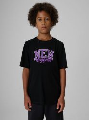 4F T-shirt regular z nadrukiem chłopięcy - czarny 122 (6-7 lat). Czarne t-shirty dla chłopców 4f, bez wzorów, z bawełny, bez ramiączek. Za 49.99 zł.