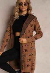 Brązowy Kardigan Niezapinany w Modny Nadruk z Kieszeniami i Kapturem Permila. Brązowe kardigany damskie Renee, na jesień, bez wzorów, eleganckie, bez kołnierzyka, bez ramiączek. Za 99.99 zł.