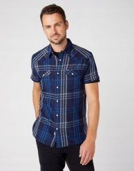 WRANGLER SS WESTERN SHIRT MĘSKA KOSZULA KRATA NAVY W5J03O114 112146124. Niebieskie koszule męskie Wrangler, m, bez wzorów, bez kołnierzyka, bez ramiączek. Za 149.99 zł.