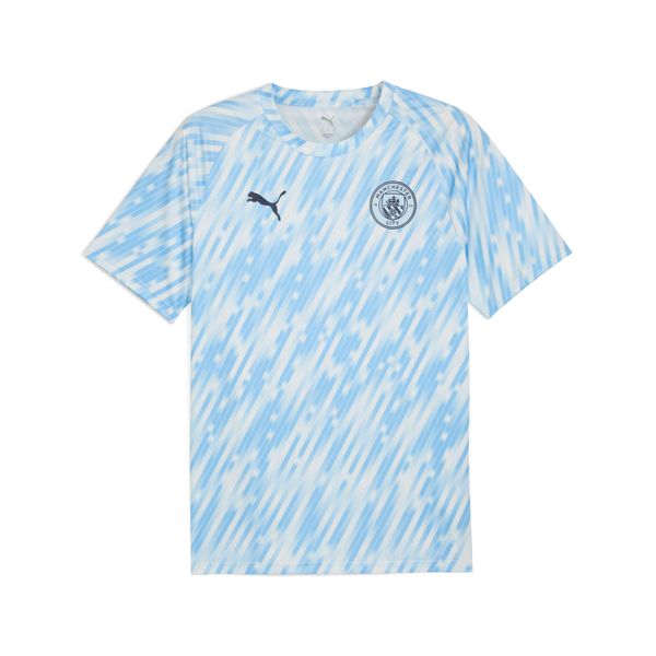 Koszulka rozgrzewkowa Manchester City 2025/26. Niebieskie koszulki sportowe męskie Puma, bez wzorów, bez kołnierzyka, bez ramiączek, do piłki nożnej. Za 299.50 zł.