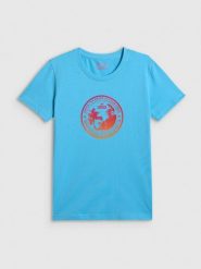 4F T-shirt regular z nadrukiem damski - niebieski XL. Niebieskie koszulki sportowe damskie 4f, xl, bez wzorów, z bawełny, klasyczne, bez kołnierzyka. Za 59.99 zł.